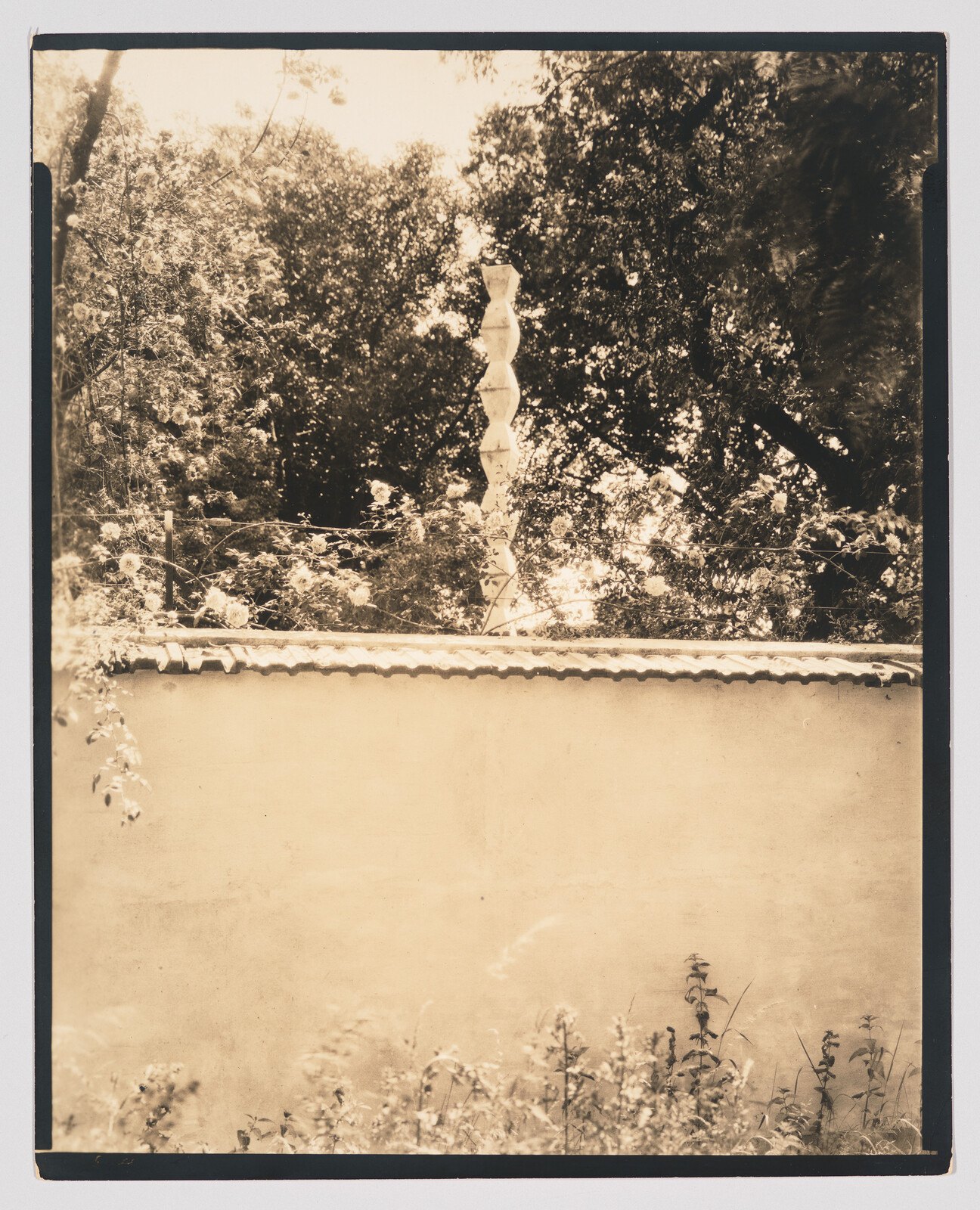Sepia-toned photograph depicting a tranquil garden scene with a textured wall in the foreground and lush trees in the background. A distinctive, slender sculpture rises above the wall, contrasting with the natural shapes of the foliage. The image has a vintage feel, with its edges slightly worn, adding to the nostalgic atmosphere.