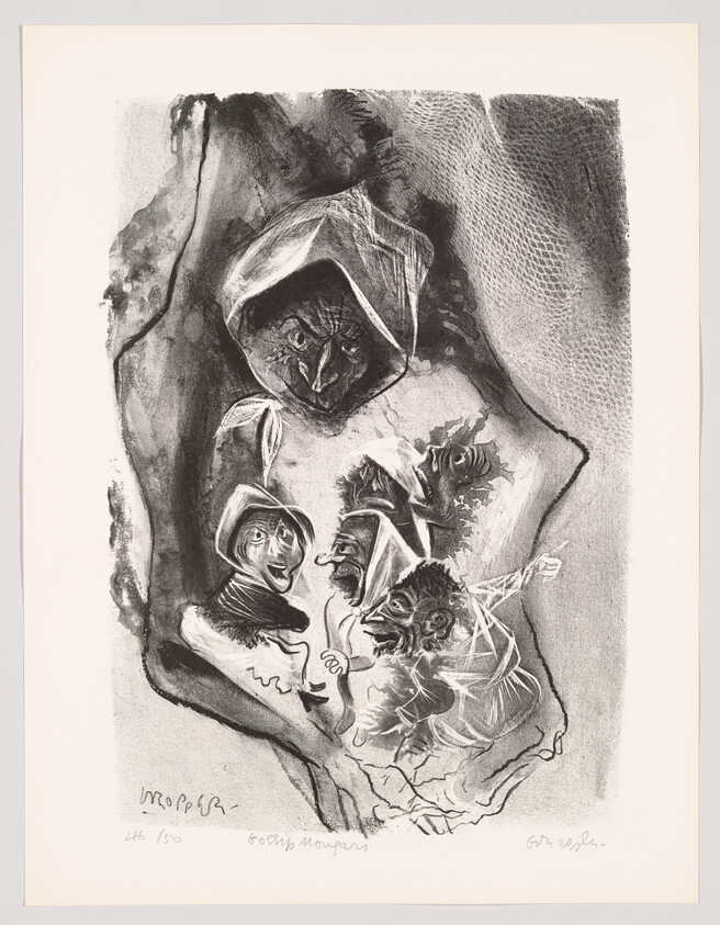 Large hooded figure looming over four smaller hooded, gossiping faces cradled in its hands.