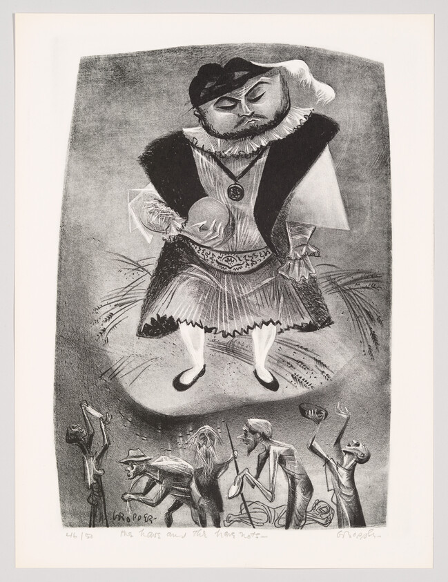 A towering nobleman in ruffled clothes holds a skull while impoverished people plead below.