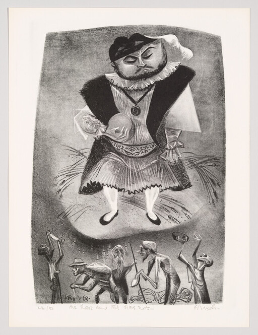 A towering nobleman in ruffled clothes holds a skull while impoverished people plead below.