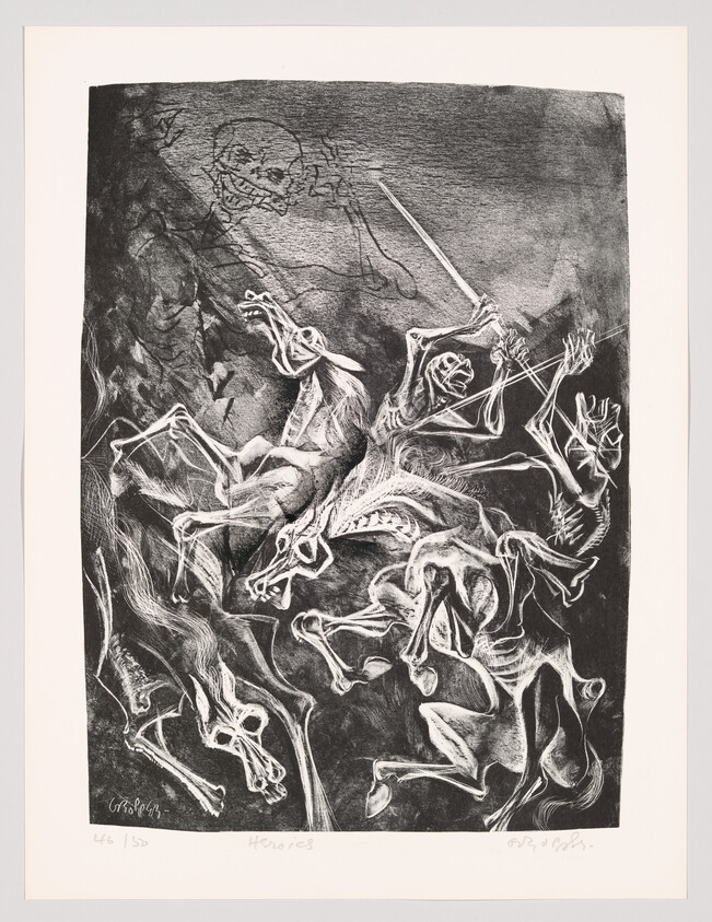 Skeletal horsemen clash wildly with swords amid swirling, ghostly forms.