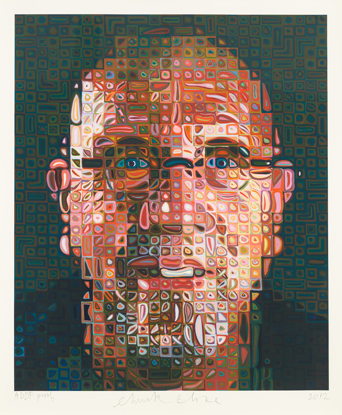 A colorful, stylized portrait of a man composed of geometric and abstract shapes against a patterned background. The image features vibrant hues and is signed and dated in the bottom right corner.