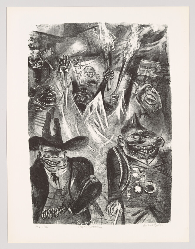 A mob of grotesque, snarling figures carrying torches and flags marches forward in chaotic protest.