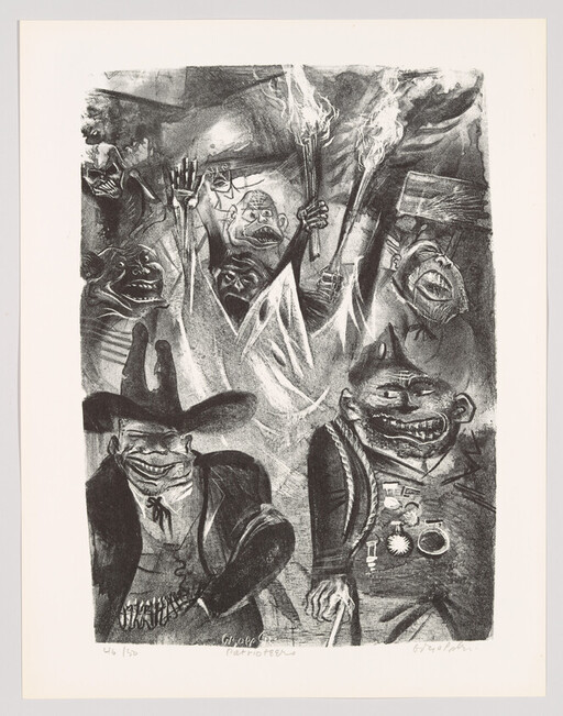 A mob of grotesque, snarling figures carrying torches and flags marches forward in chaotic protest.
