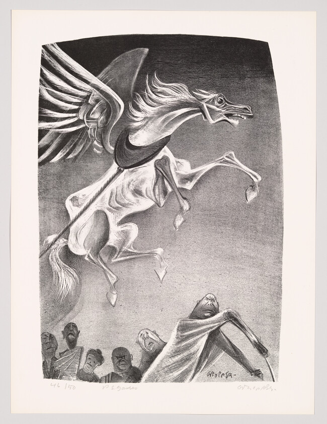 A skeletal winged horse leaps overhead while frightened, cloaked figures cower below.