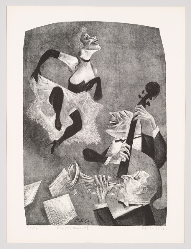 A joyful dancer leaps above two musicians playing a trumpet and a double bass.