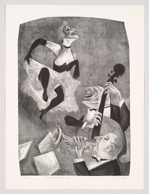 A joyful dancer leaps above two musicians playing a trumpet and a double bass.