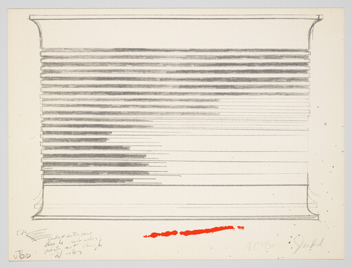 Horizontal pencil lines resembling window blinds with a bright red paint smear near the bottom.