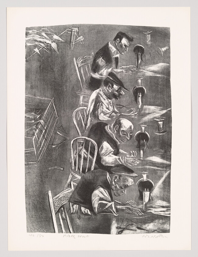 Four men sit in a row working at sewing machines under lamps in a factory.