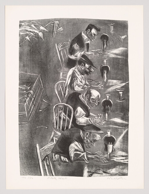 Four men sit in a row working at sewing machines under lamps in a factory.