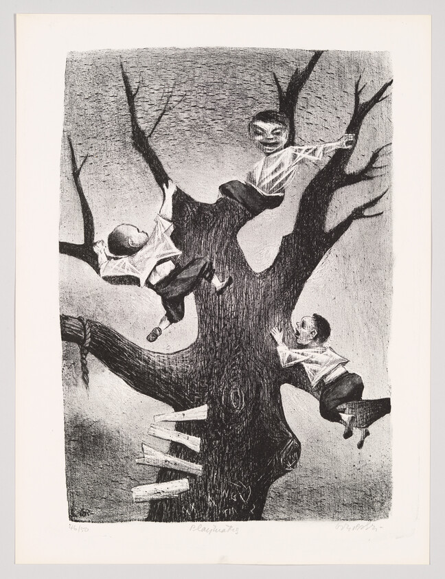 Three children climb and cling to a large bare tree while one sits near the top smiling.