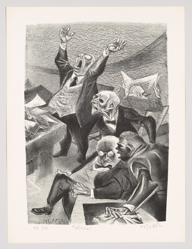 Several angry politicians in suits shout and gesture wildly over scattered papers in a chaotic meeting.