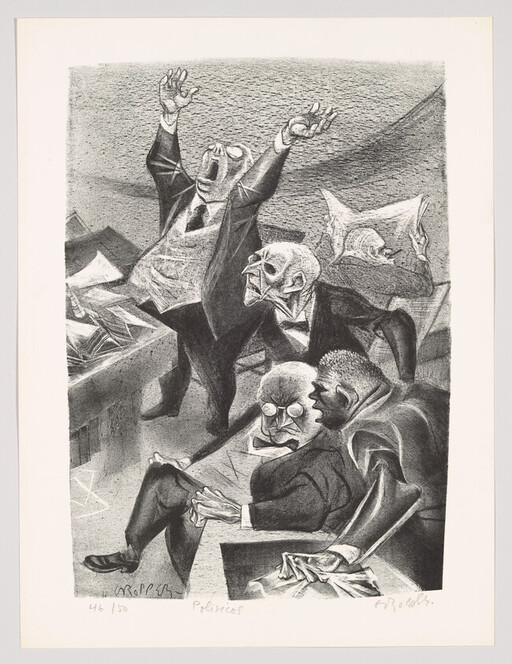 Several angry politicians in suits shout and gesture wildly over scattered papers in a chaotic meeting.