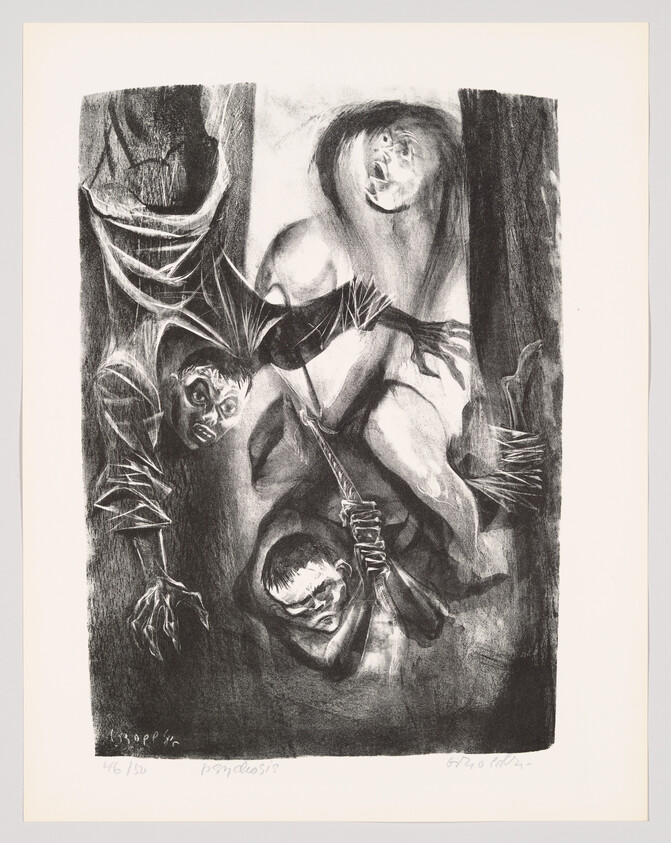 Three distorted figures loom while one crouches and grips a rope in darkness.