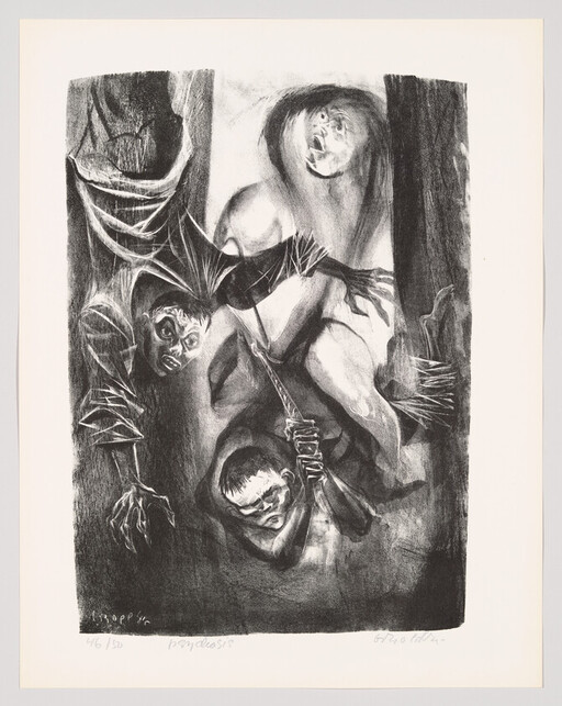 Three distorted figures loom while one crouches and grips a rope in darkness.