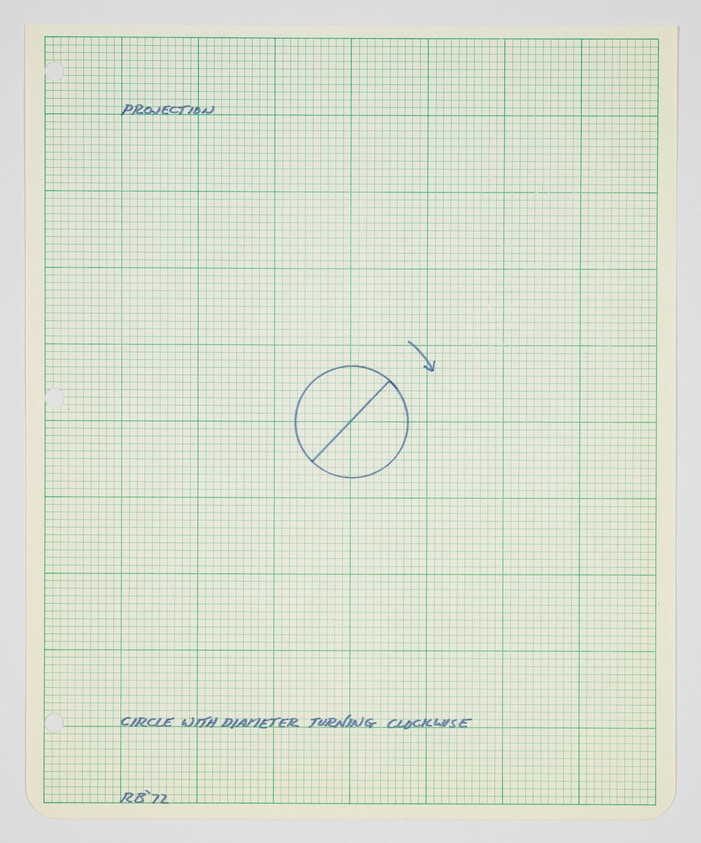 Graph paper drawing of a circle with a diagonal diameter and an arrow showing clockwise rotation.