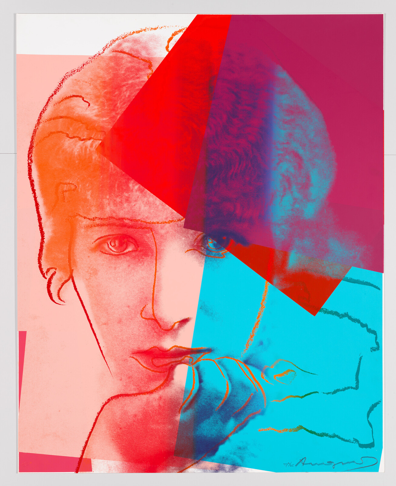 A stylized portrait of a person with a fragmented appearance, featuring overlapping geometric shapes in red and blue tones that partially obscure and alter the facial features. The image has a pop art aesthetic with a signature at the bottom right corner.