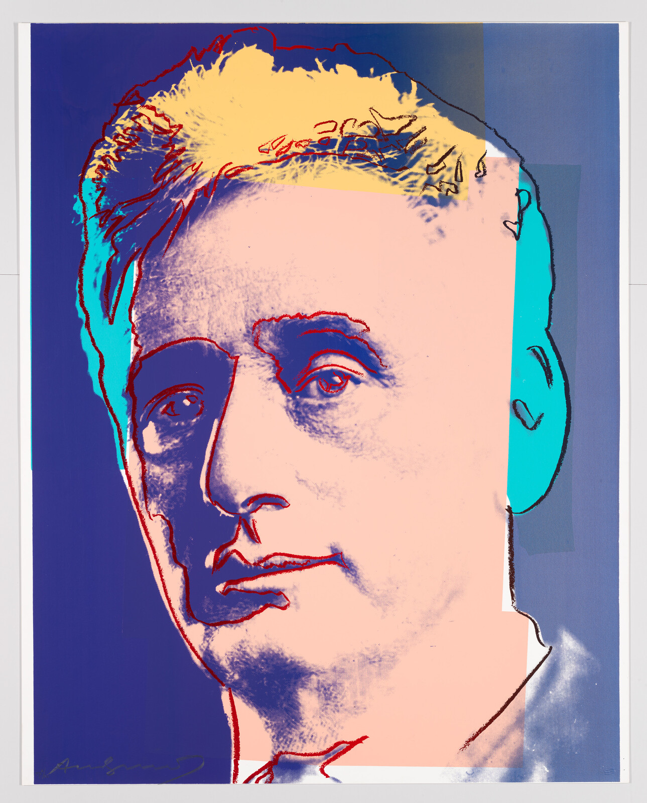 A stylized portrait of a man with a high-contrast, pop art effect reminiscent of Andy Warhol's art style. The image features bold colors, with the subject's face in shades of pink and blue, and the hair highlighted in yellow and red. The background is divided into blocks of blue and purple.