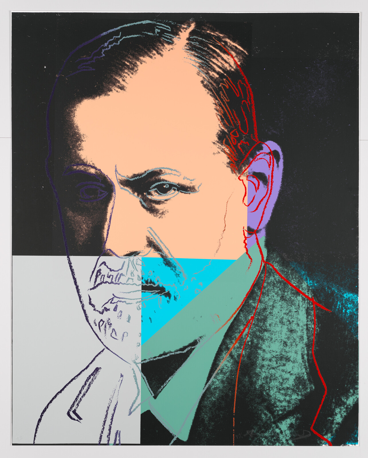 A stylized portrait of a man with a prominent mustache and a serious expression, featuring a mix of vibrant colors and geometric shapes overlaying the image, creating a modern, abstract effect.