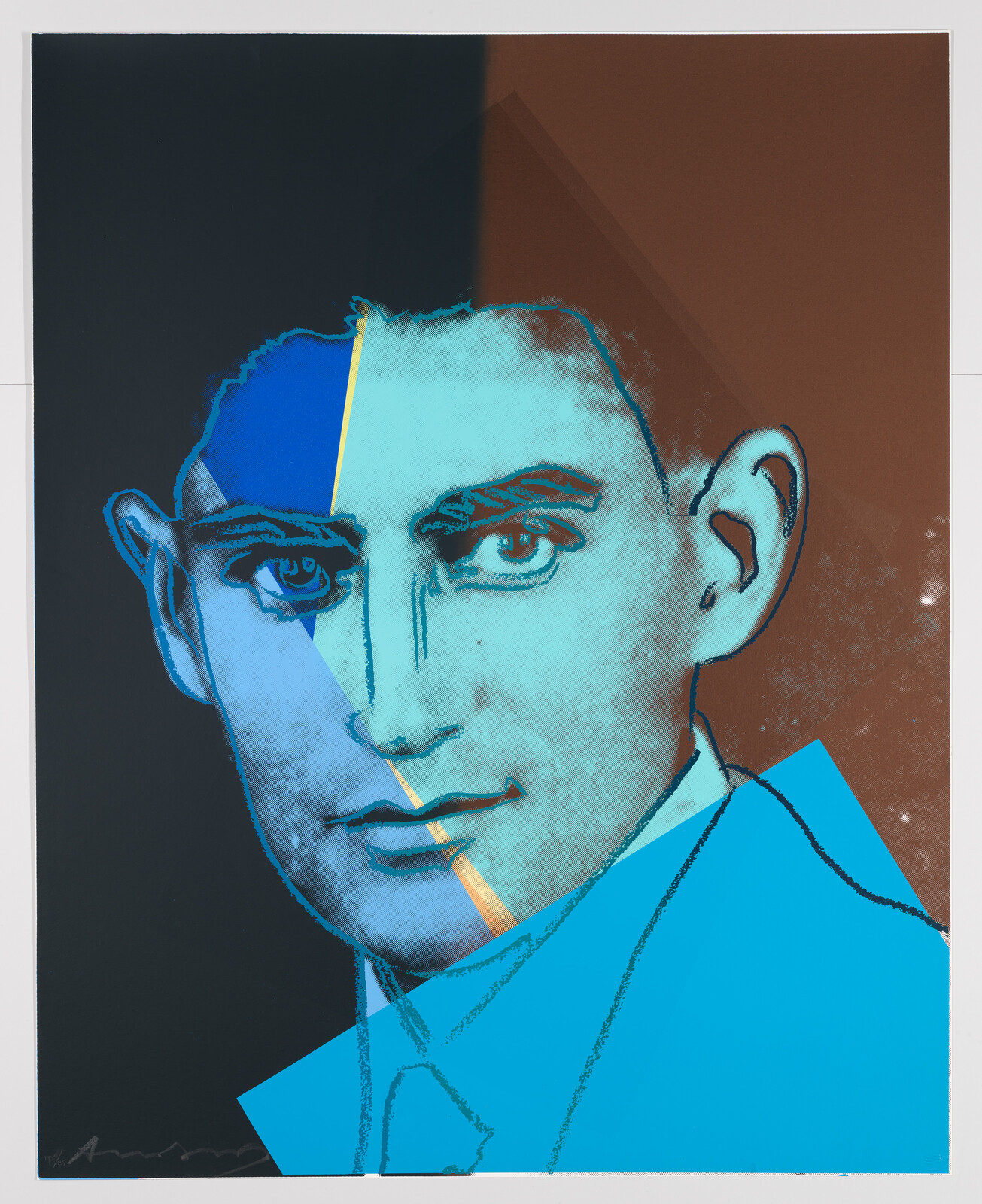 Graphic artwork of a man's face split with contrasting colors and geometric shapes.
