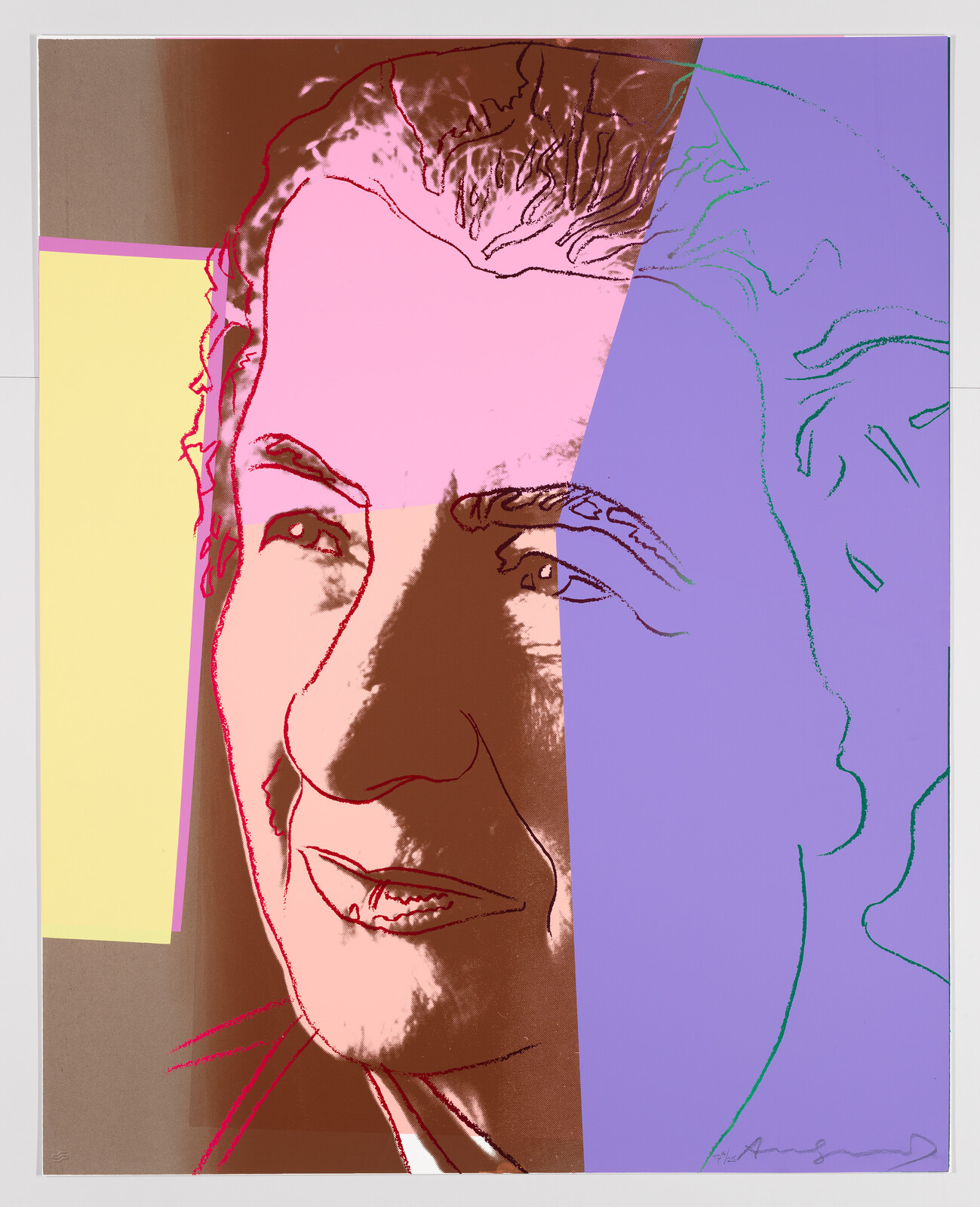 A stylized portrait of a smiling person with sections of the image divided into blocks of different colors, reminiscent of Andy Warhol's pop art style.
