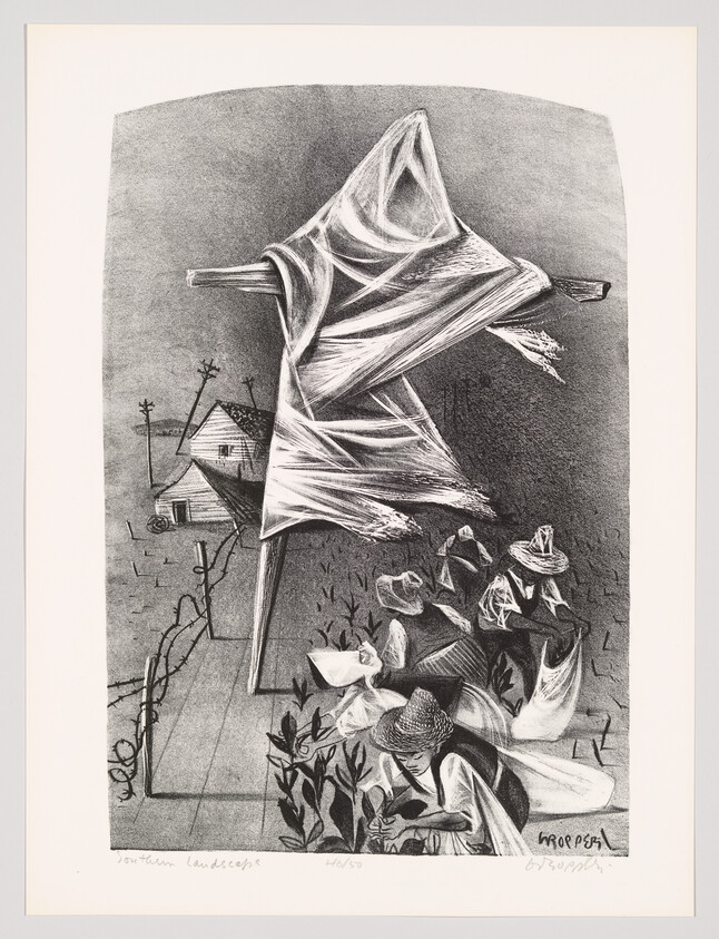 A tattered scarecrow stands over farmworkers bent over planting crops near a farmhouse.