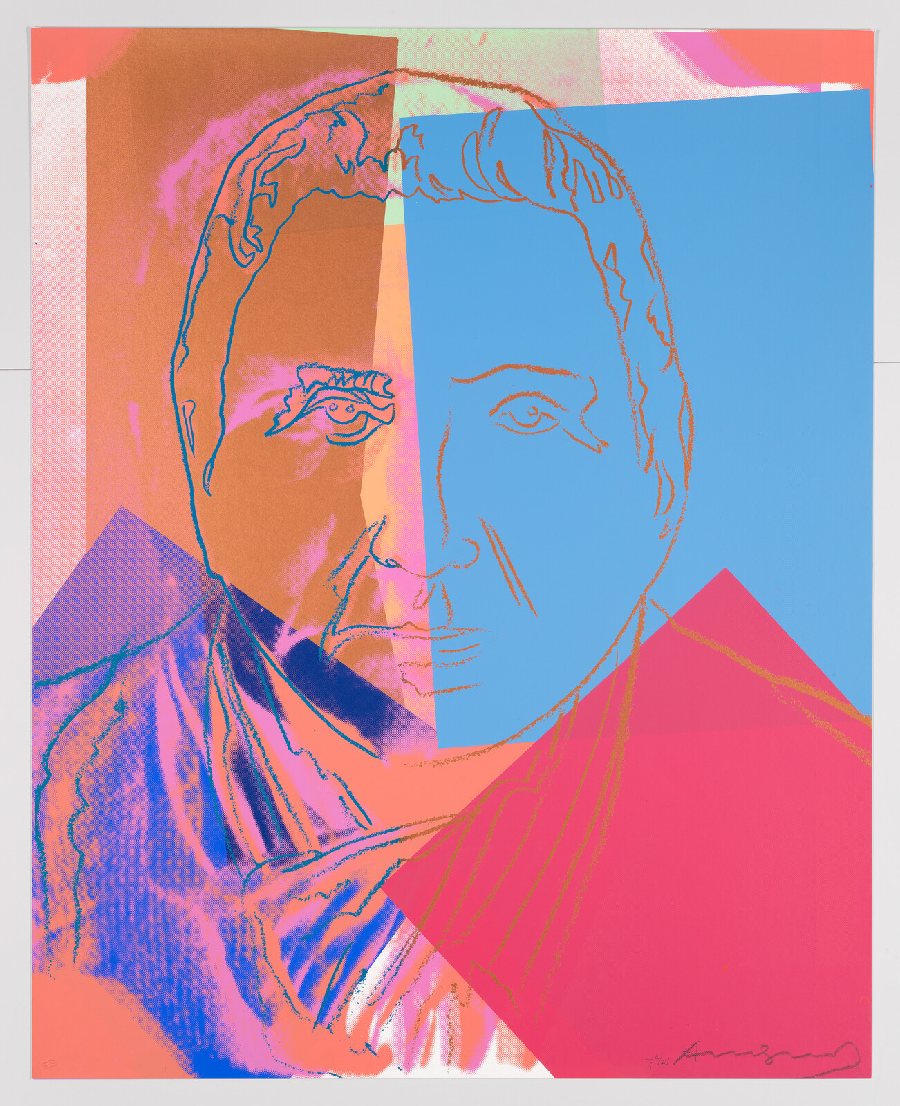 A vibrant, abstract artwork featuring a fragmented portrait of a person with various overlapping geometric shapes in bold colors such as orange, blue, and pink. The image has a pop art feel with outlined facial features and textured details.
