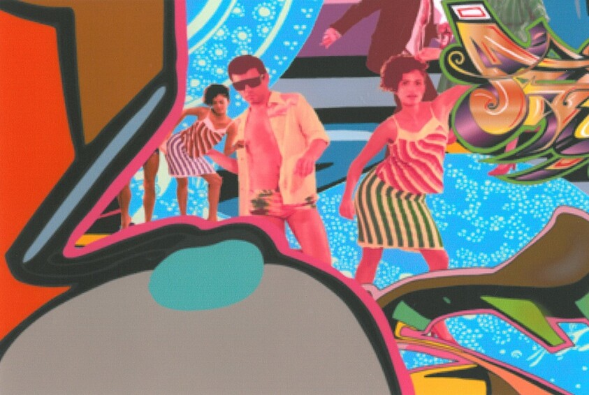 Group of people in colorful retro outfits dancing against a bright pop-art background.