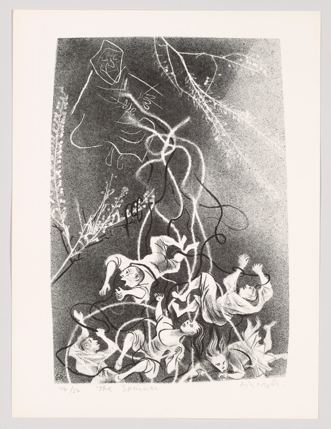 Several children tangled in long vine-like ropes, appearing to fall or struggle beneath a ghostly figure above.