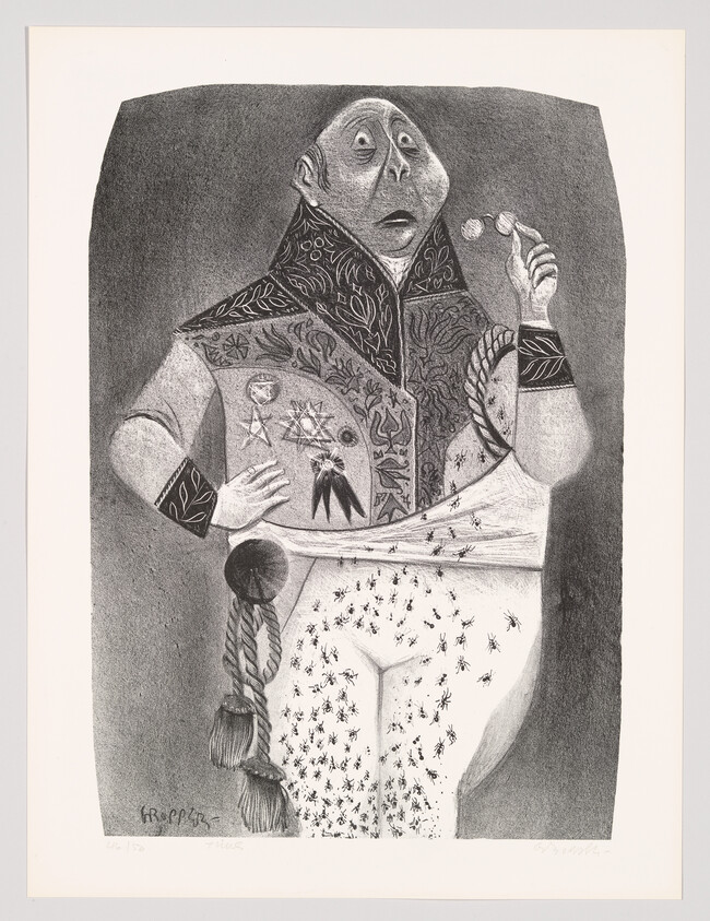 A uniformed man looks surprised while holding a small object and ants crawl over his lower body.