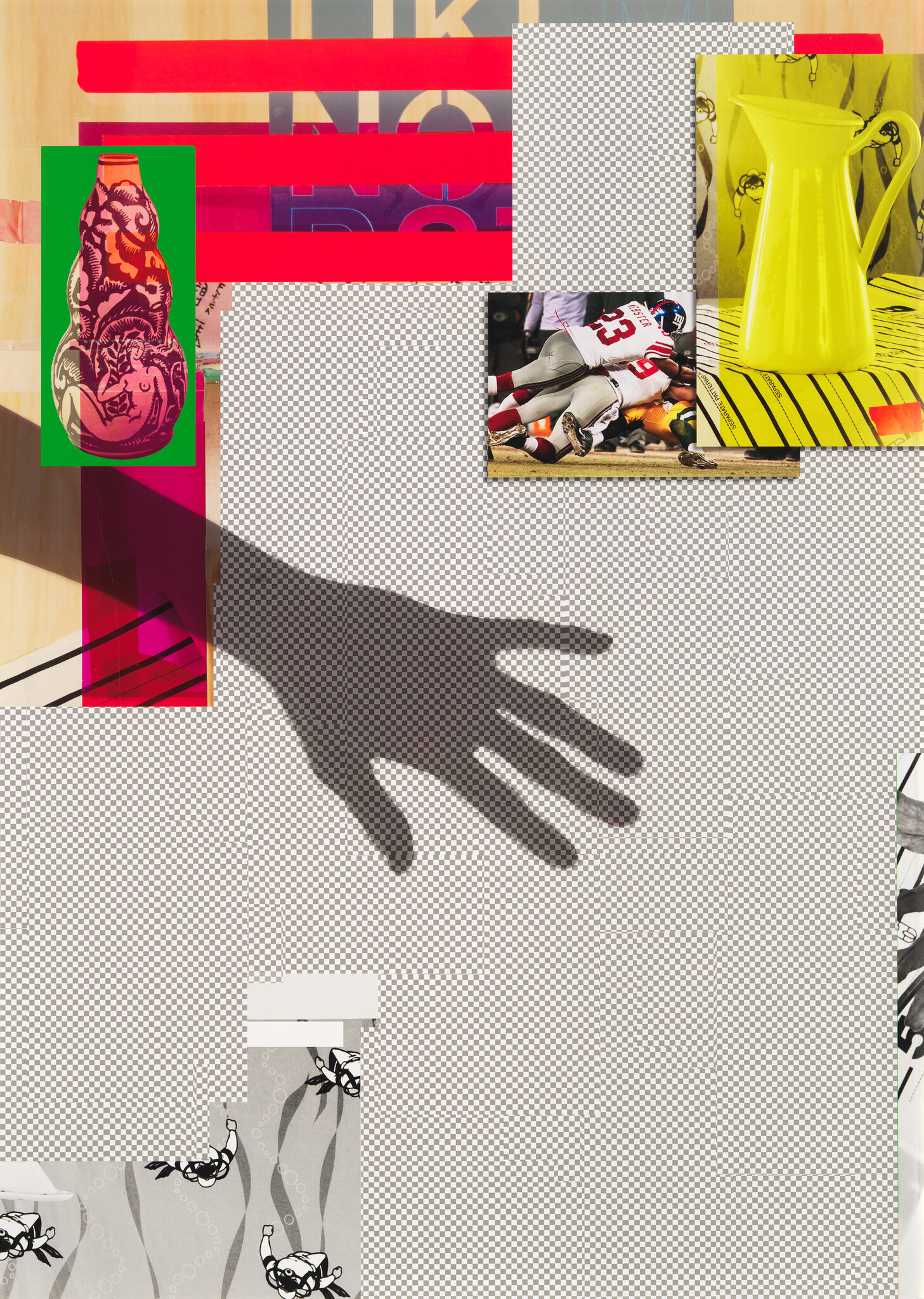 A large shadow of an outstretched hand reaches across a patchwork collage background.