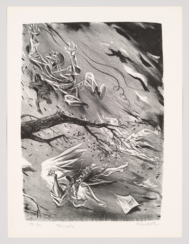 People and debris spiraling through a violent windstorm around a broken tree branch.