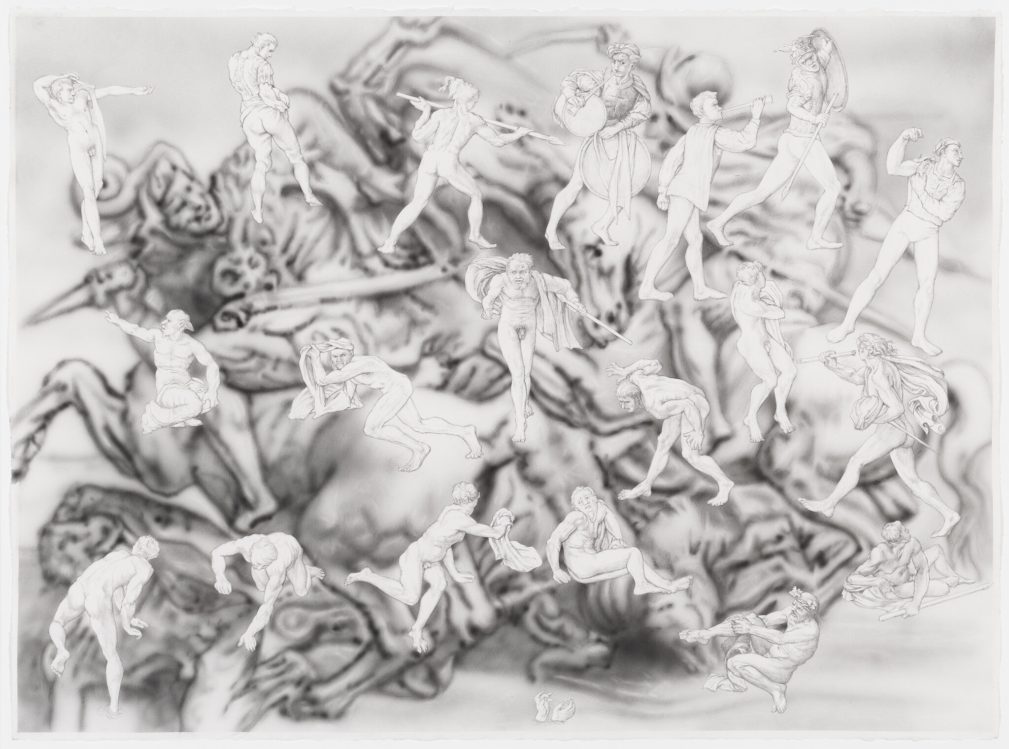 Multiple classical-style nude figures in varied poses appear to float and interact over a blurred background.