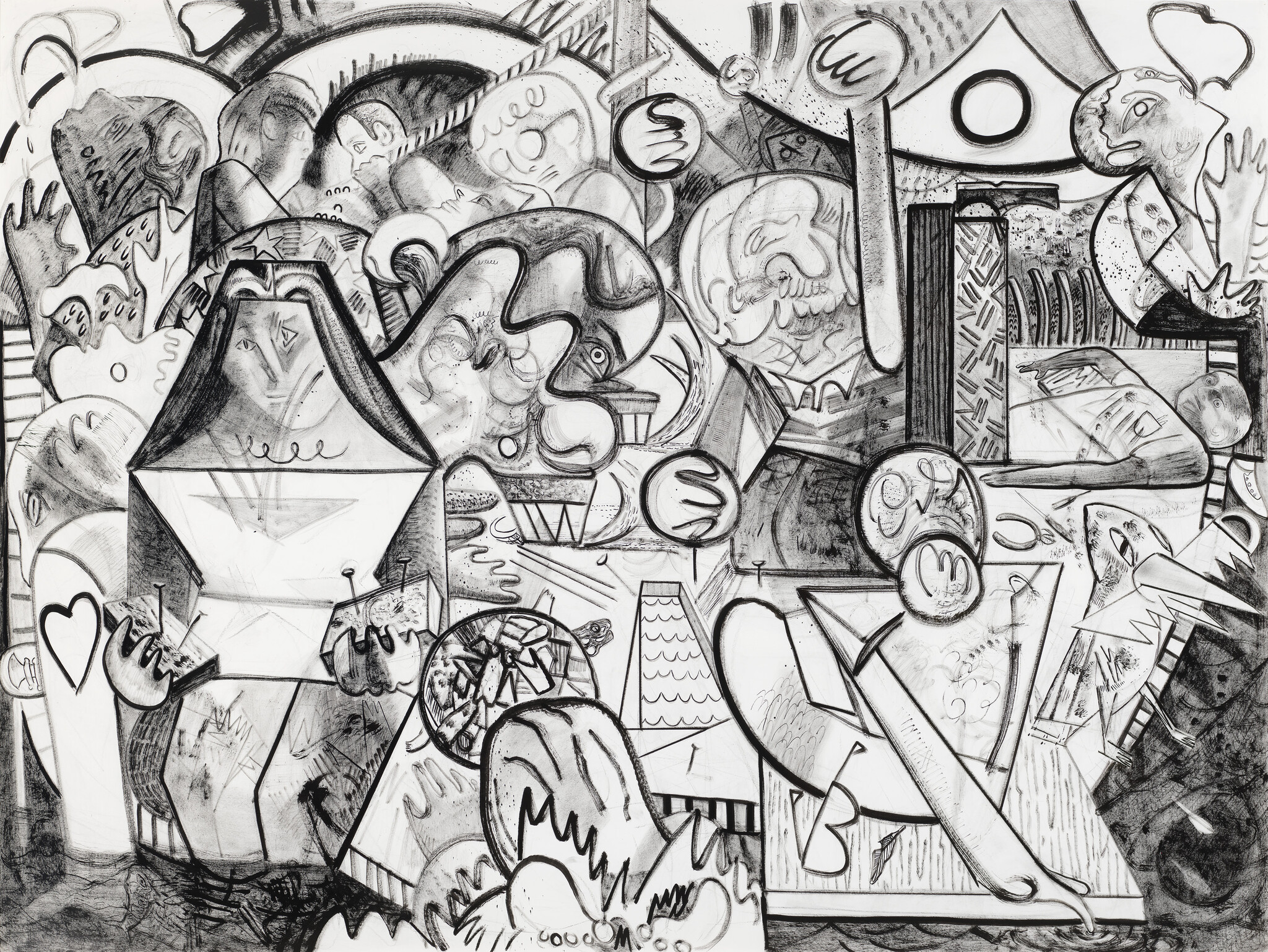 Crowded scene of abstract faces and figures overlapping in a black-and-white drawing.
