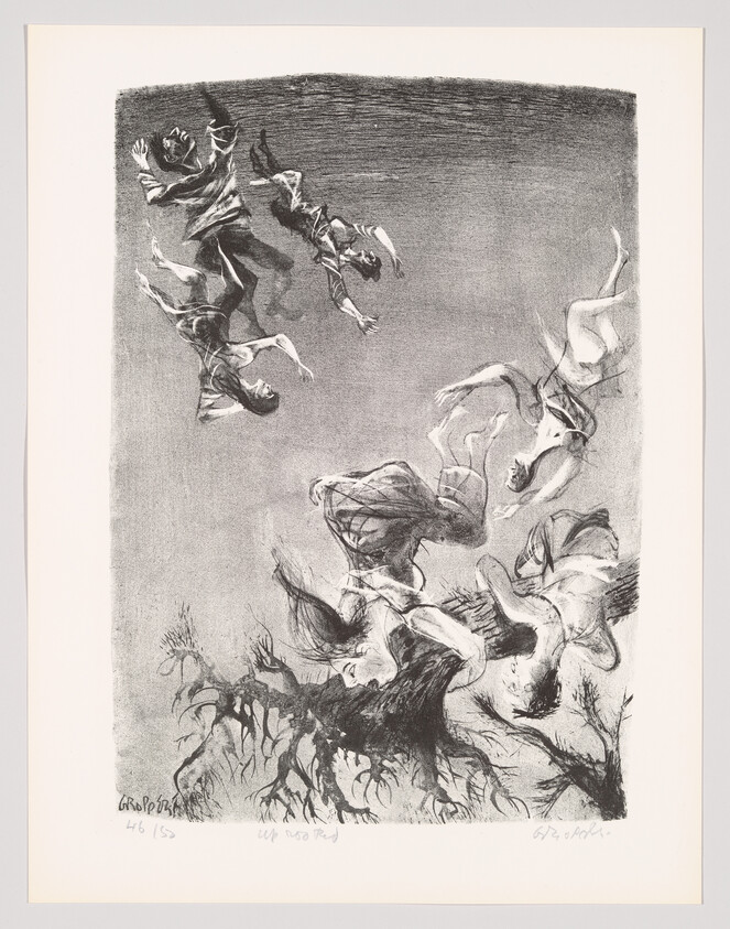 Several women and men tumbling through the air above twisted tree roots.