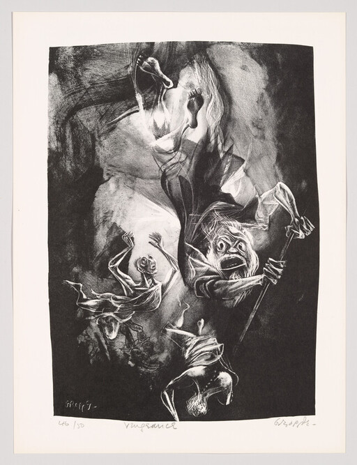 Ghostly figures tumble and scream in a dark, chaotic scene with one clutching a staff.