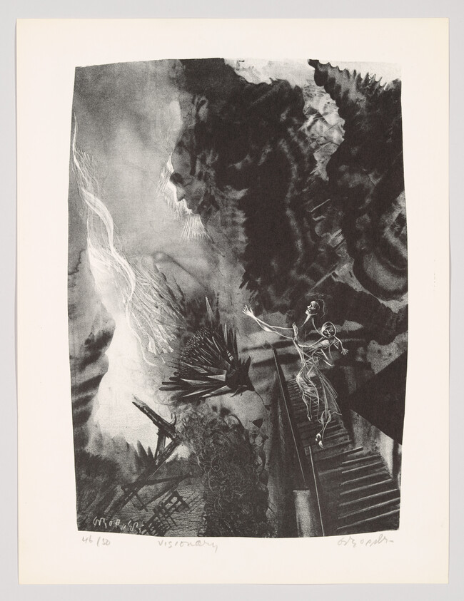 Two ghostly figures climb a staircase toward a large looming face in a dark, dreamlike landscape.