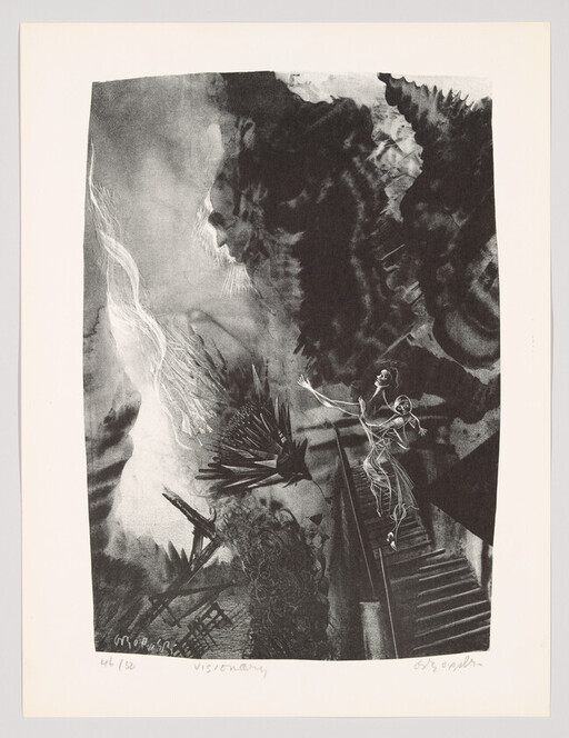 Two ghostly figures climb a staircase toward a large looming face in a dark, dreamlike landscape.