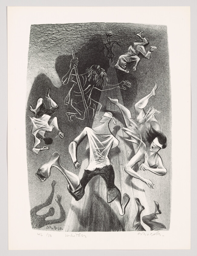 Several distorted figures appear to be falling or floating while a bearded man with a staff watches above.