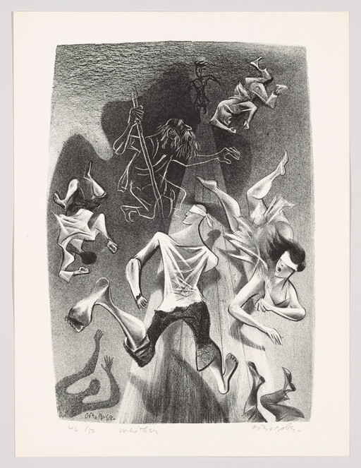 Several distorted figures appear to be falling or floating while a bearded man with a staff watches above.
