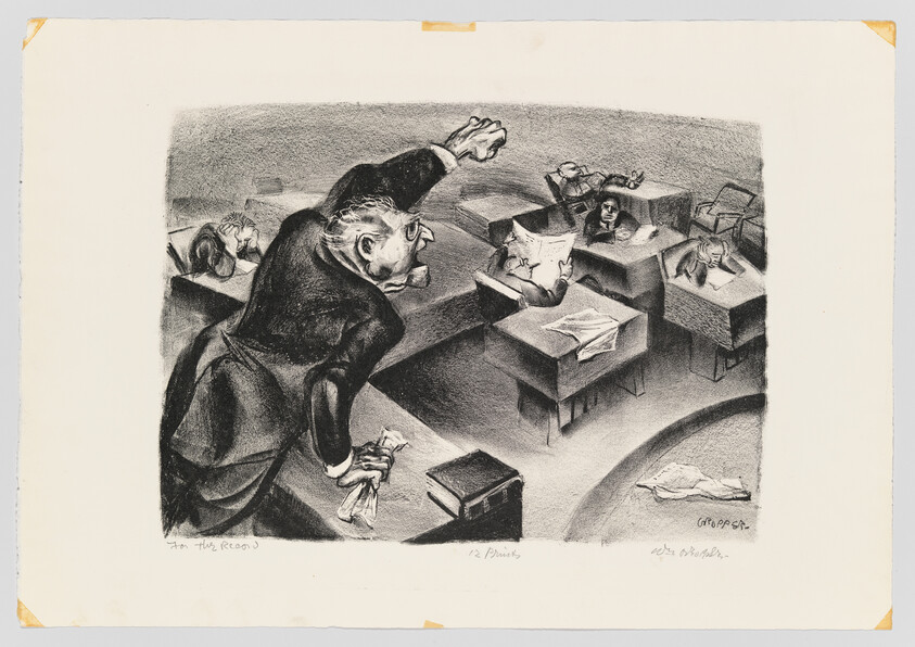 Elderly man angrily lectures from a raised platform while others at desks react with shock or disinterest.