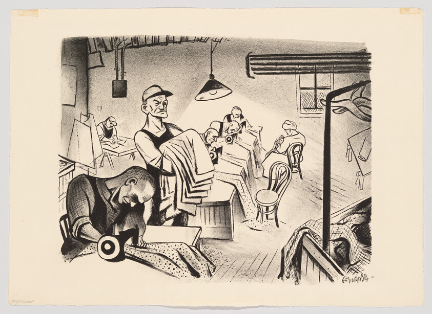 Garment workers sew and inspect fabric in a crowded factory room under hanging lamps.