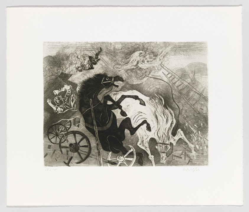 Two rearing horses rear amid broken wagon wheels and scattered debris in a chaotic scene.