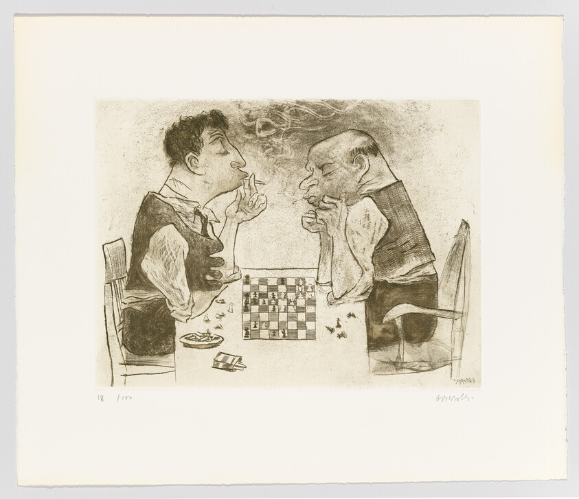 Two men sit opposite each other, smoking and deep in thought while playing a chess game.