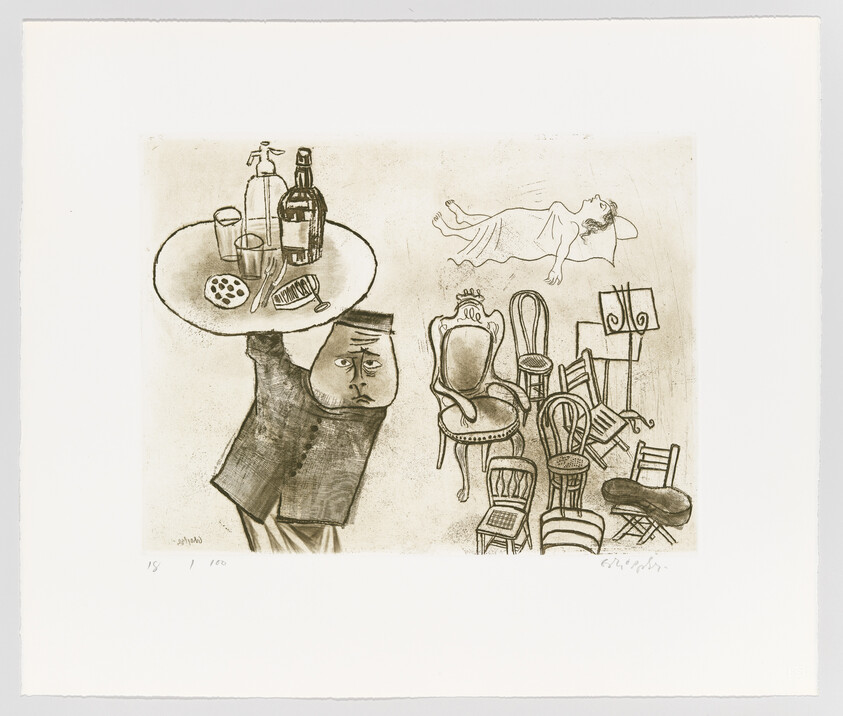 A weary waiter holds a tray of drinks while a pile of chairs and a reclining woman appear nearby.