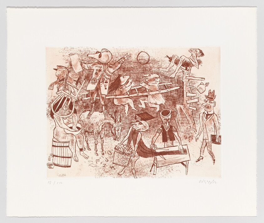 Anthropomorphic animals and people perform circus-like tasks on ladders, barrels, and a balance beam.