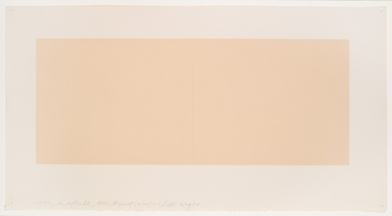 Large pale peach rectangle centered on white paper with a faint vertical line down the middle.