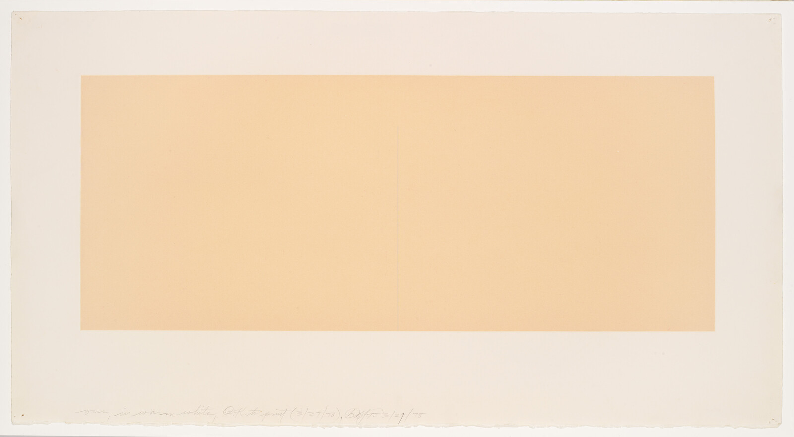 Large pale peach rectangle centered on white paper with a faint vertical seam down the middle.