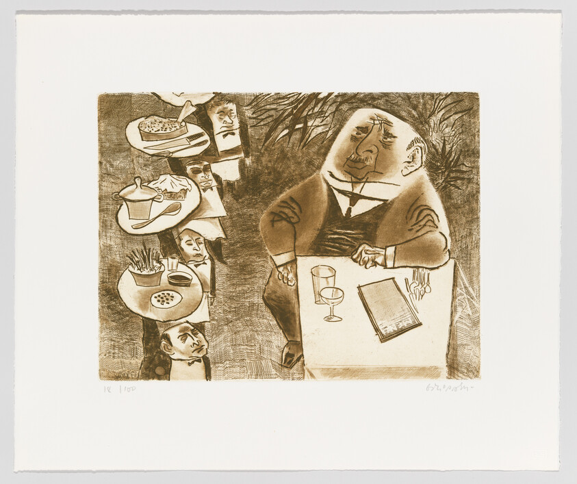 A large man sits at a table with a glass and menu while servers carry stacked trays.