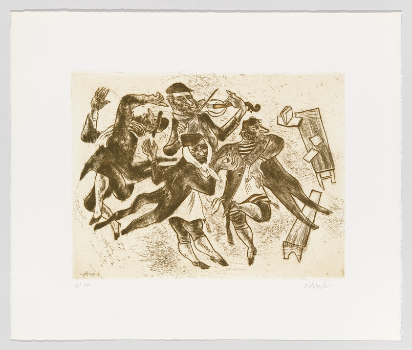 Four lively musicians dance together while one plays a violin and papers float nearby.